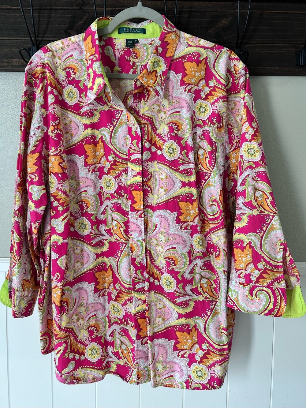 100% Cotton Lauren Ralph Lauren Pink Lime Paisley Plus Size Button Down Tunic 3X
